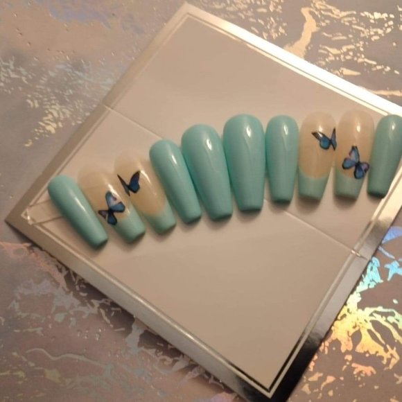 Cyan/blue/green butterfly  luxury press on nails - Picture 4 of 5